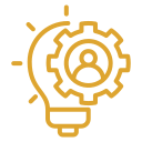 Lightbulb and gear icon with person inside.