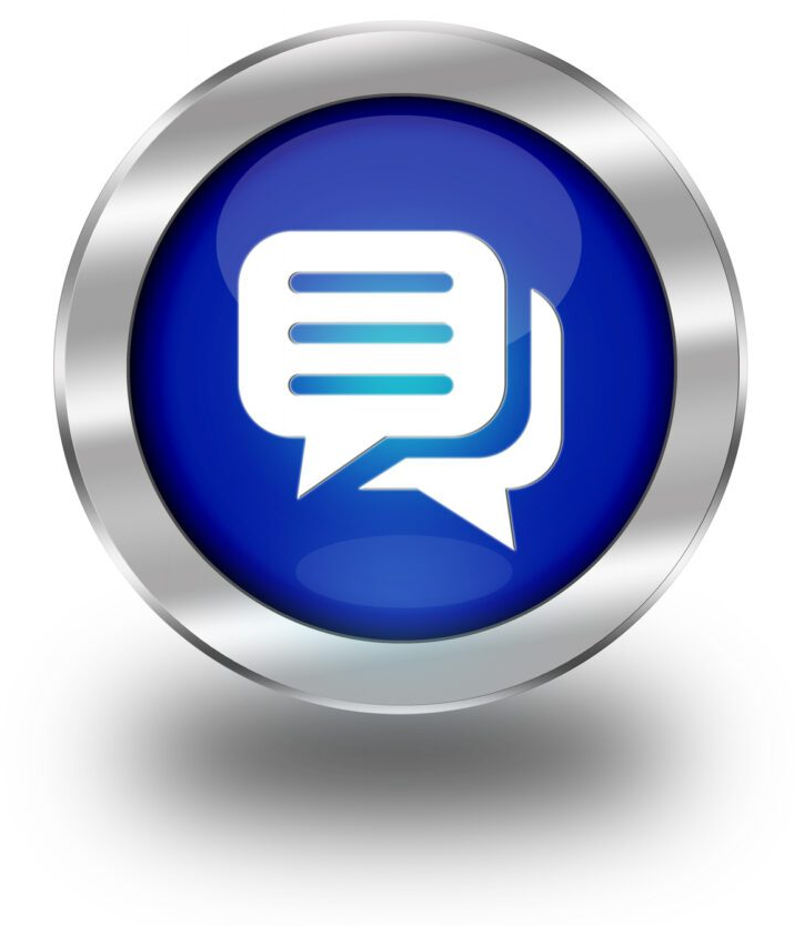 Blue chat icon with silver border.